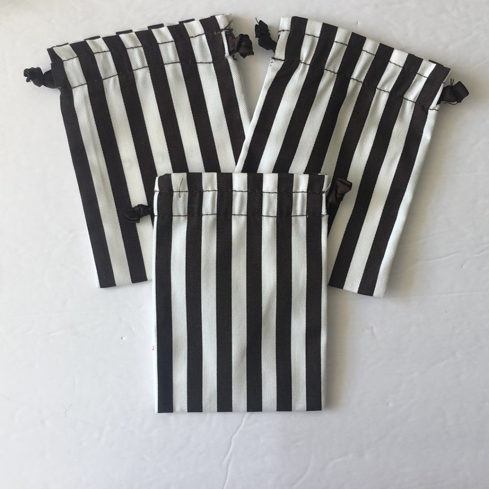 3 Henri Bendel Brown Ivory Small Dust Bag 4.5" x 6" Travel Stripe Drawst… - Picture 2 of 2